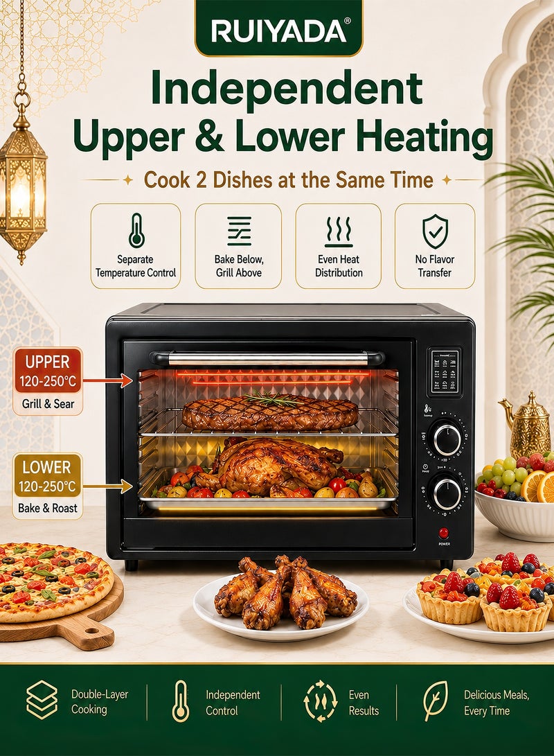 RUIYADA 48L Electric Oven, 2000W Large Capacity Countertop Oven with Independent Upper & Lower Temperature Control, Stainless Steel Body, Timer, Baking & Grilling, Home Kitchen Multi-Functional Oven – 220V EU Plug - Image 2