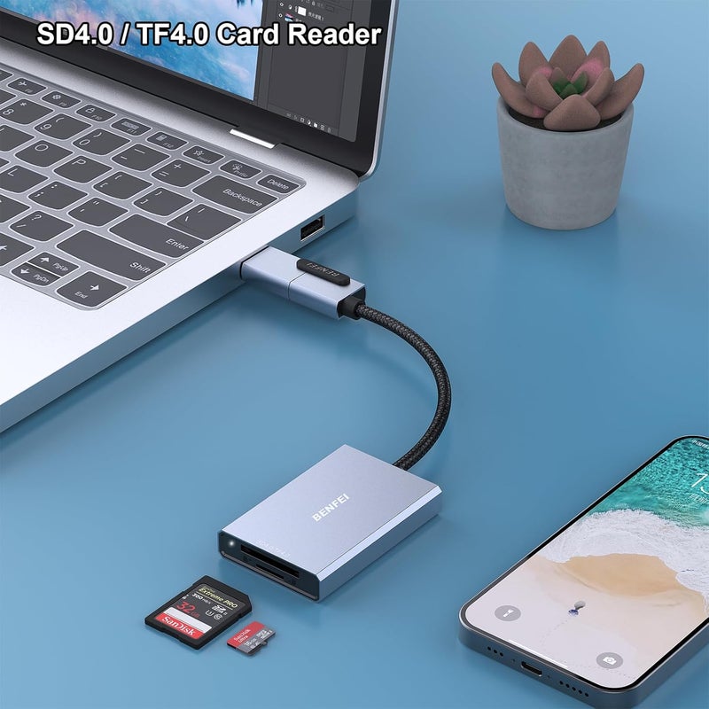 Benfei SD 4.0 Card Reader, USB-C/USB-A 2-in-1 Memory Card Reader, for SDXC, SDHC, SD, MMC, RS-MMC, Micro SDXC, Micro SD, Micro SDHC Card, UHS-II, and UHS-I Cards - Image 2