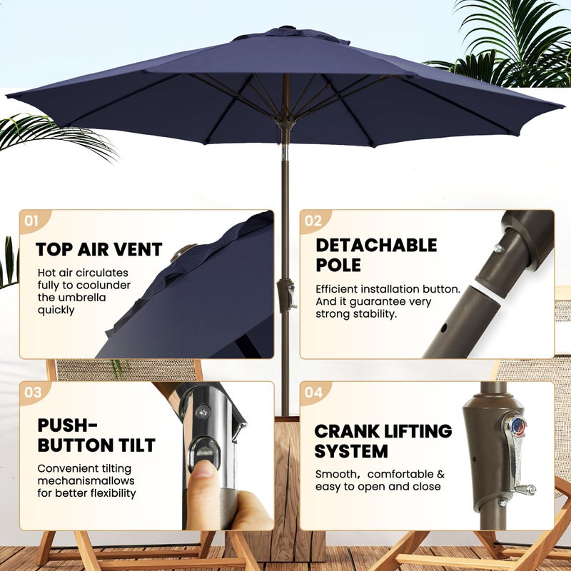 Ayge 9FT Large Outdoor Patio Umbrella Market Table Umbrella-UV Resistant, Easy Push Button Tilt and Crank, 8 Sturdy Fiberglass Ribs Heavy-Duty Pool Umbrella for Deck, Backyard,Garden,Navy - Image 3