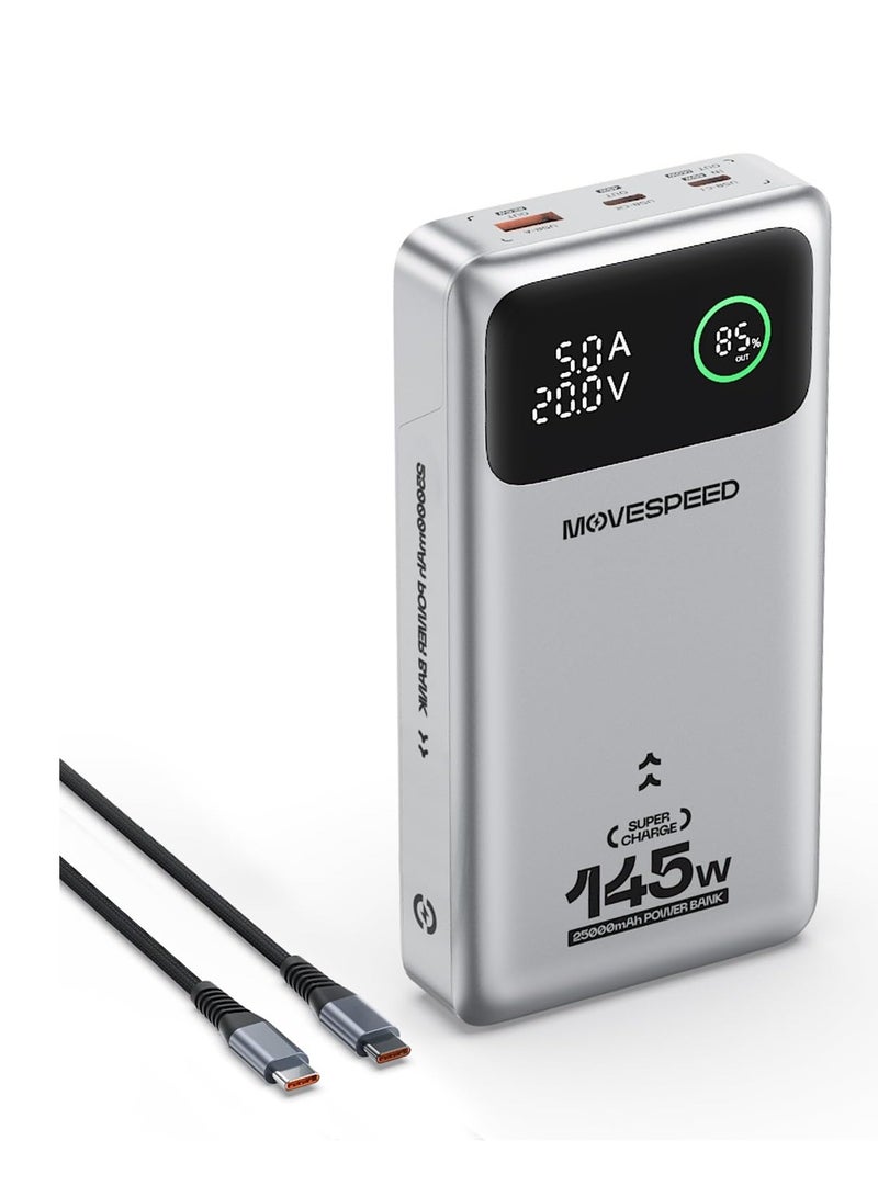 سرعة الحركة بنك طاقة محمول MOVE SPEED بقوة 145 وات، PD 3.1، شاحن محمول سريع الشحن 25000 مللي أمبير/ساعة مع كابل من النوع C بقوة 240 وات بطول 3.28 قدم، وشاحن مكتبي للسفر بشاشة رقمية لأجهزة iPhone وMacBook وAndroid - Image 1