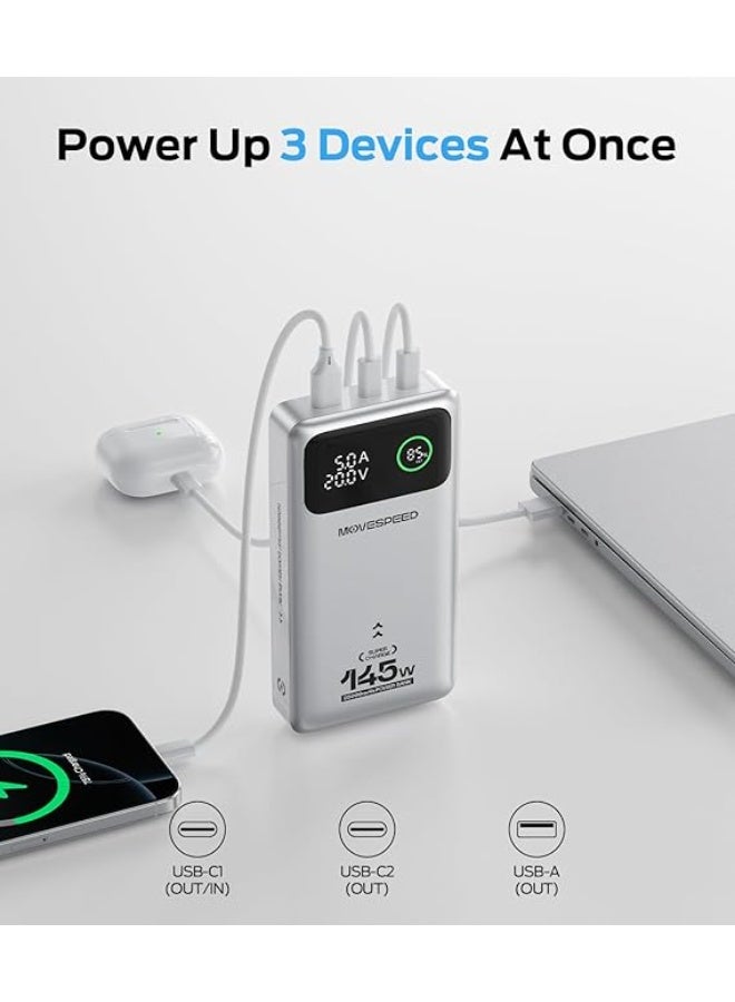 سرعة الحركة بنك طاقة محمول MOVE SPEED بقوة 145 وات، PD 3.1، شاحن محمول سريع الشحن 25000 مللي أمبير/ساعة مع كابل من النوع C بقوة 240 وات بطول 3.28 قدم، وشاحن مكتبي للسفر بشاشة رقمية لأجهزة iPhone وMacBook وAndroid - Image 3