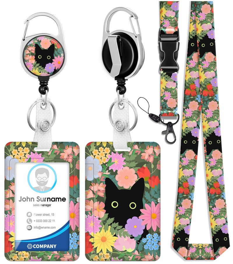 Toykee ID Badge Holder with Retractable Reel Clip, Cute Black Cat Flowers Floral Card Name Tag Lanyard Vertical ID Protector Bage for Nurse Nursing Doctor Teacher Student - Image 1
