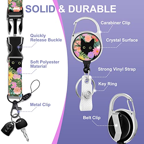 Toykee ID Badge Holder with Retractable Reel Clip, Cute Black Cat Flowers Floral Card Name Tag Lanyard Vertical ID Protector Bage for Nurse Nursing Doctor Teacher Student - Image 4