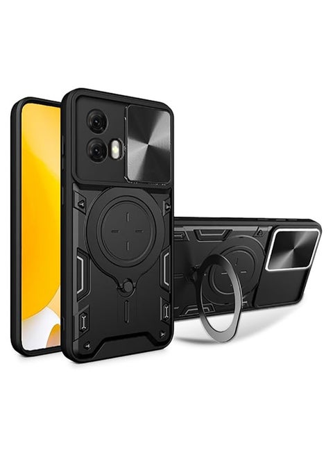 Armor Case for MOTO G85 5G with Slide Camera Cover,  Grade Shockproof Case with [Rotatable Big Ring Kickstand] Black