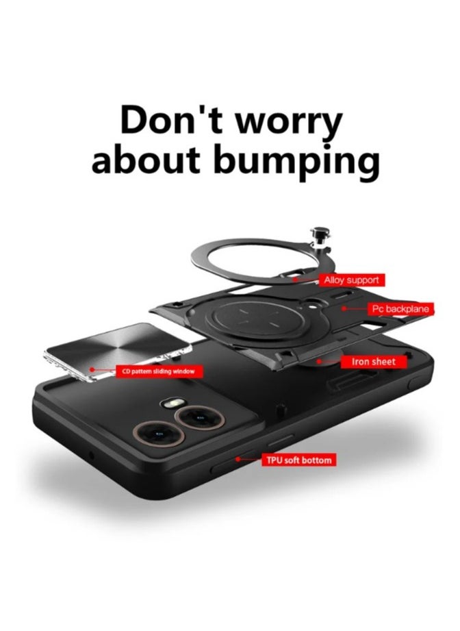 Armor Case for MOTO G85 5G with Slide Camera Cover,  Grade Shockproof Case with [Rotatable Big Ring Kickstand] Black