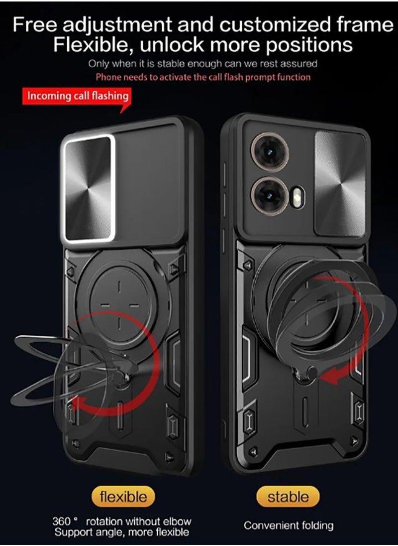 Armor Case for MOTO G85 5G with Slide Camera Cover,  Grade Shockproof Case with [Rotatable Big Ring Kickstand] Black