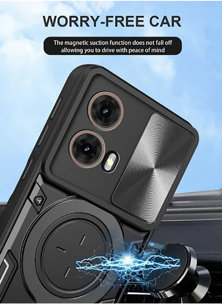 Armor Case for MOTO G85 5G with Slide Camera Cover,  Grade Shockproof Case with [Rotatable Big Ring Kickstand] Black