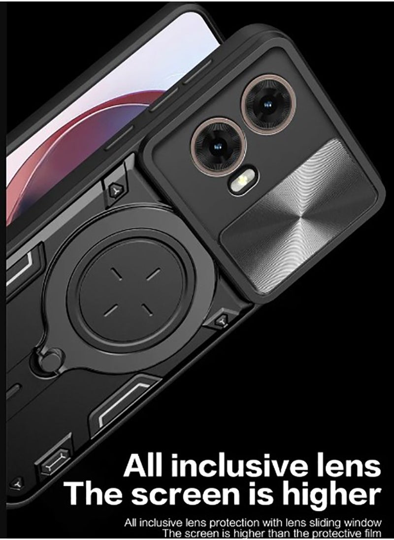 Armor Case for MOTO G85 5G with Slide Camera Cover,  Grade Shockproof Case with [Rotatable Big Ring Kickstand] Black