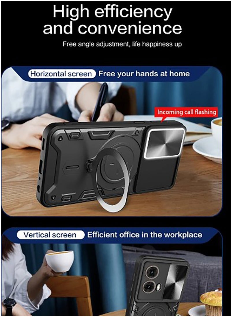 Armor Case for MOTO G85 5G with Slide Camera Cover,  Grade Shockproof Case with [Rotatable Big Ring Kickstand] Black
