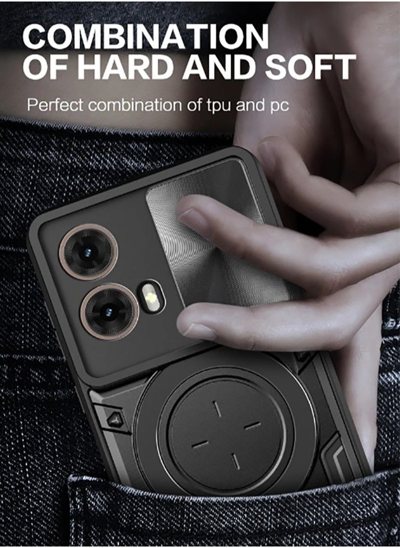 Armor Case for MOTO G85 5G with Slide Camera Cover,  Grade Shockproof Case with [Rotatable Big Ring Kickstand] Black