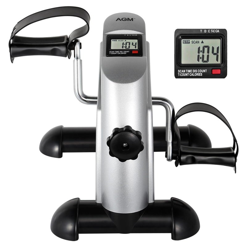 AGM Mini Exercise Bike, AGM Under Desk Bike Pedal Exerciser Foot Cycle Arm & Leg Peddler Exerciser Machine with LCD Screen Displays (Silver) - Image 1