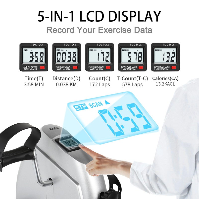 AGM Mini Exercise Bike, AGM Under Desk Bike Pedal Exerciser Foot Cycle Arm & Leg Peddler Exerciser Machine with LCD Screen Displays (Silver) - Image 3