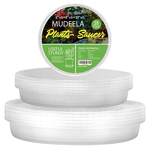 MUDEELA 18 Pack Plant Saucers of 6 inch & 8 inch & 10 inch , Durable Plant Trays for Indoors Outdoors, Clear Plastic Flower Plant Pot Saucer, Made of Thicker, Stronger Plastic, with Taller Design (6"+8"+10") - Image 1