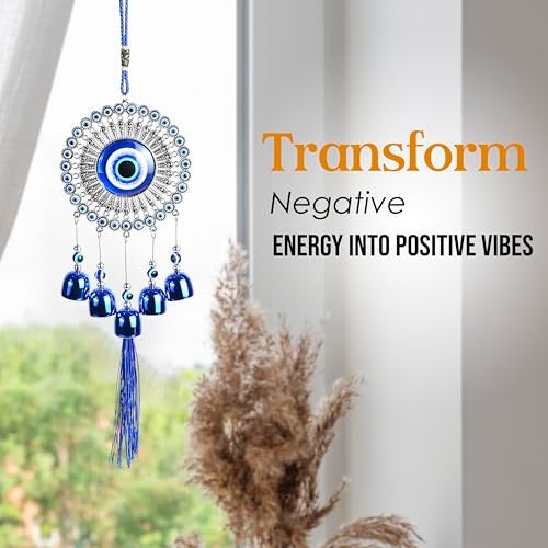 ZAICUS Evil Eye Hanging Wall & Door Decor with Metal Bells | Nazar Battu for Home, Office, Car | Blue Glass Charm Wind Chime for Positive Vibes & Protection - Image 4