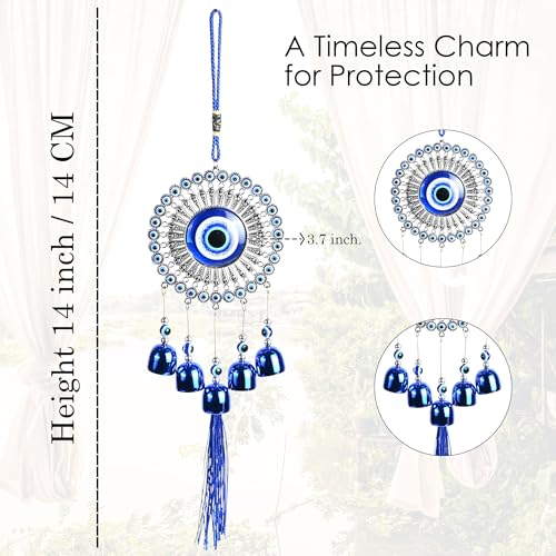 ZAICUS Evil Eye Hanging Wall & Door Decor with Metal Bells | Nazar Battu for Home, Office, Car | Blue Glass Charm Wind Chime for Positive Vibes & Protection - Image 2