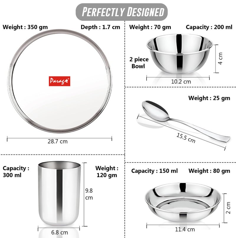 Parage 6 Pieces Stainless Steel Dinner Set/Thali Set/Dinnerware for Home/Steel Bartan Set for Kitchen, Silver (Serves 1) - Image 3
