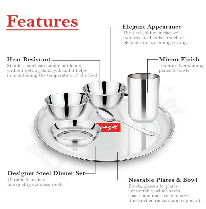 Parage 6 Pieces Stainless Steel Dinner Set/Thali Set/Dinnerware for Home/Steel Bartan Set for Kitchen, Silver (Serves 1) - Image 5