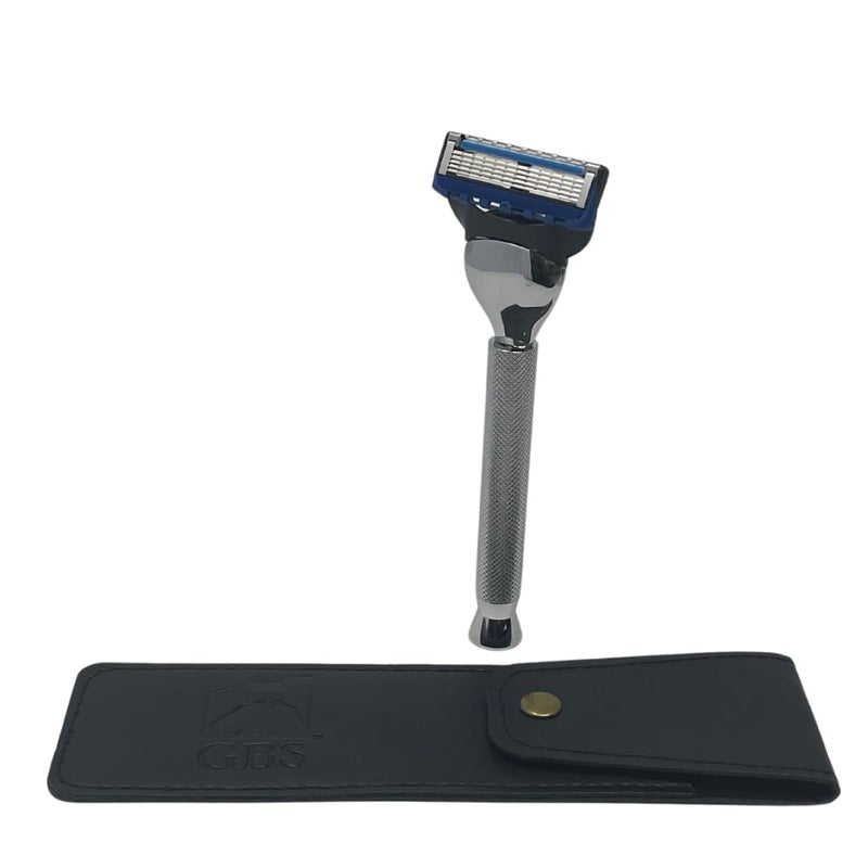 GBS Stylish Long Handle Textured Ergonomic Shaving Razor with Protective Leather Case for Travel Chrome