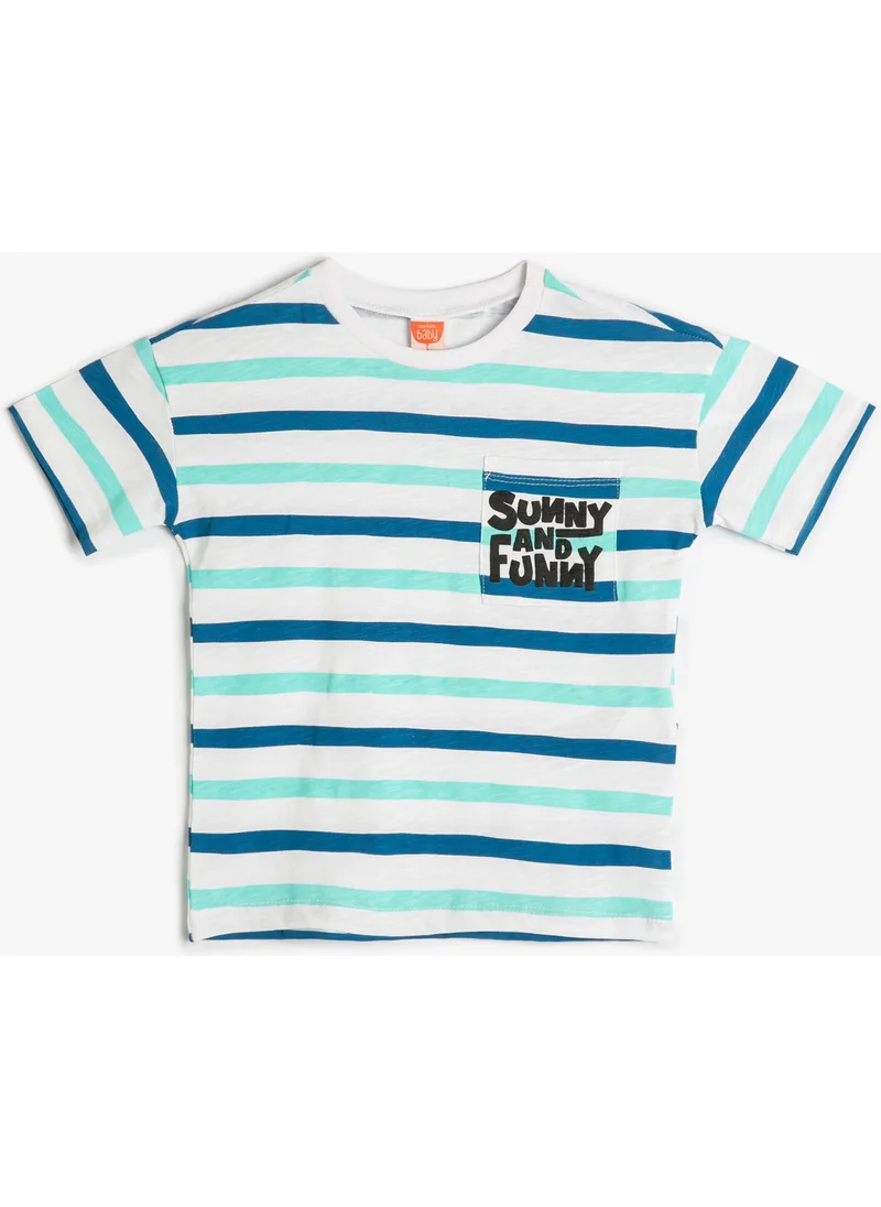 كوتون Koton Striped T-Shirt Short Sleeve Cotton with Pocket and Print Detail