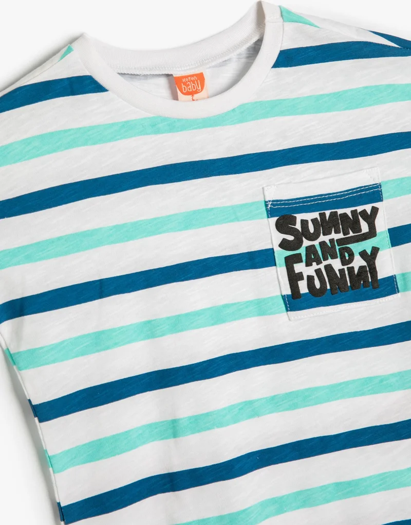 كوتون Koton Striped T-Shirt Short Sleeve Cotton with Pocket and Print Detail