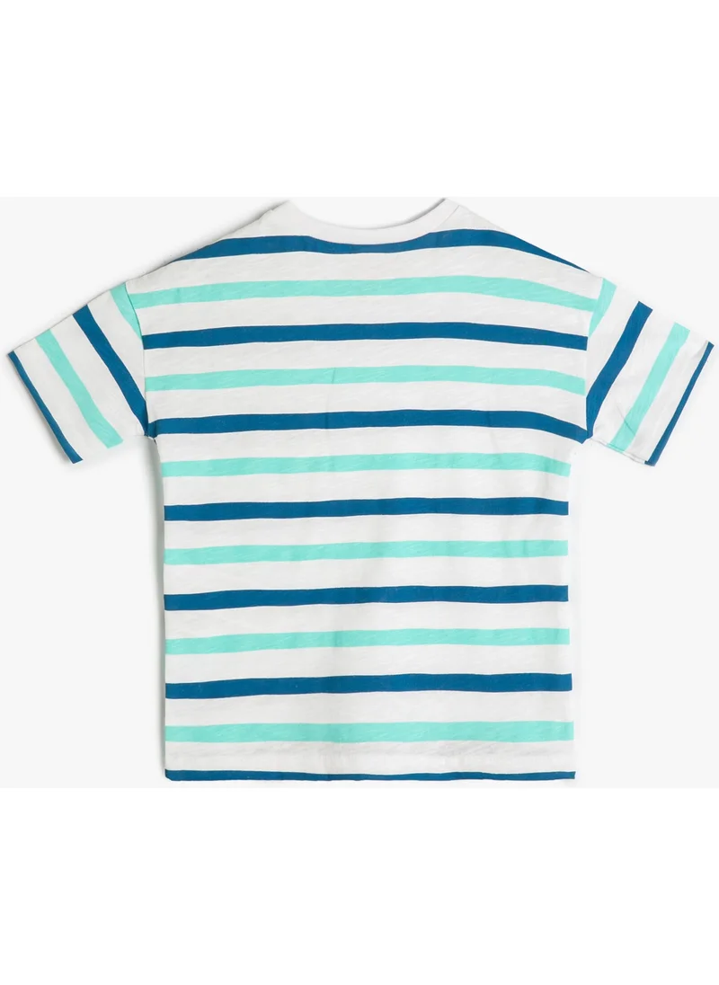 KOTON Koton Striped T-Shirt Short Sleeve Cotton with Pocket and Print Detail