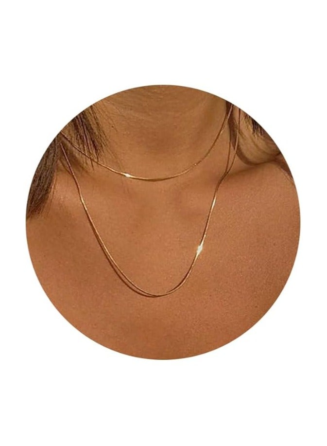 17 MILE Gold Layered Choker Necklace for Women Girls, 14K Real Gold Plated CZ Pendant Necklace, Dainty Flat Snake Chain Layering Necklace for Gift (1.5mm 2 Layered), 铜, No Gemstone