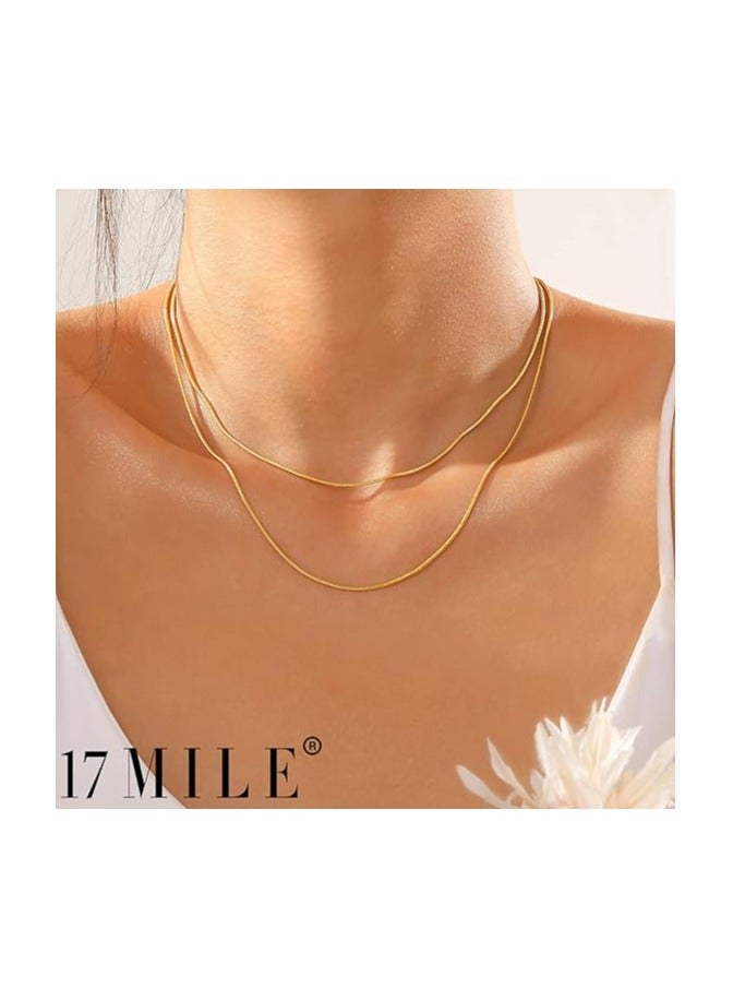17 MILE Gold Layered Choker Necklace for Women Girls, 14K Real Gold Plated CZ Pendant Necklace, Dainty Flat Snake Chain Layering Necklace for Gift (1.5mm 2 Layered), 铜, No Gemstone
