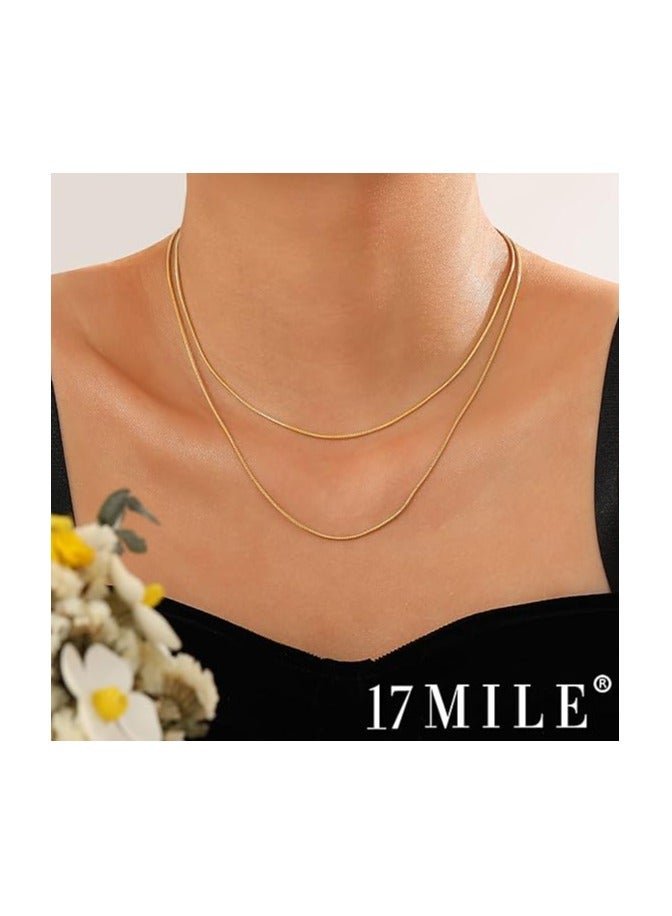 17 MILE Gold Layered Choker Necklace for Women Girls, 14K Real Gold Plated CZ Pendant Necklace, Dainty Flat Snake Chain Layering Necklace for Gift (1.5mm 2 Layered), 铜, No Gemstone