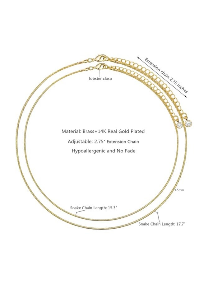 17 MILE Gold Layered Choker Necklace for Women Girls, 14K Real Gold Plated CZ Pendant Necklace, Dainty Flat Snake Chain Layering Necklace for Gift (1.5mm 2 Layered), 铜, No Gemstone
