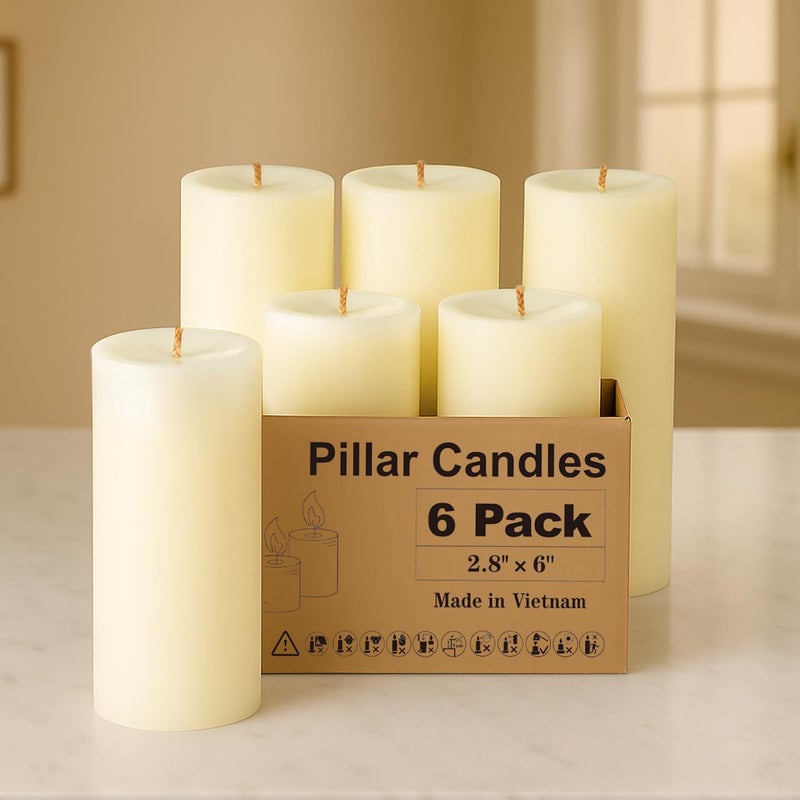 Ashlux Ivory Pillar Candles Set of 6 70 Hour Long Burning Unscented and Dripless Pillar Candles Bulk Large Candles 3x6 inch for Christmas Lights Wedding Parties Spas Home Decor