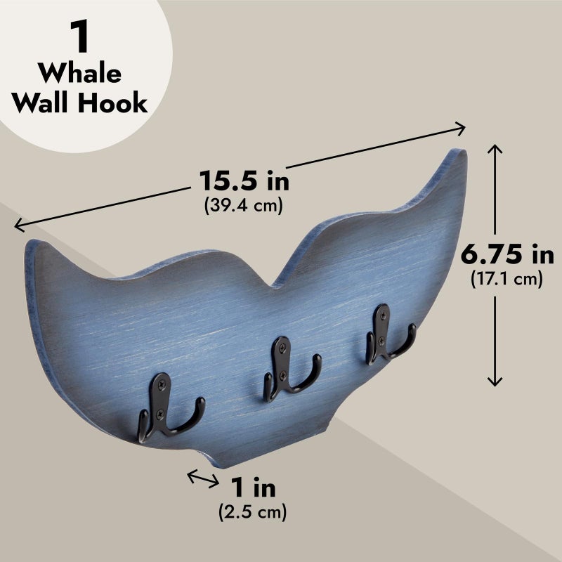 Okuna Outpost Whale Wall Hook - 15.5 x 6.75 x 1 in, Blue Nautical Wood - Coastal Room Decor & Ocean Decor - Whale Towel Hook with Double Hangers for Towels, Coats & Keys - Image 3