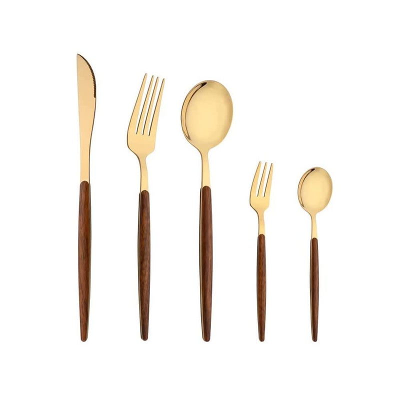 Eletree 5 pcs Golden Flatware Cutlery Dinner Set Stainless Steel Silverware Set with Imitated Wooden Handle Tableware Sets Including 2 Forks 2 Spoons 1 Steak Knife for Home Restaurant - Image 1