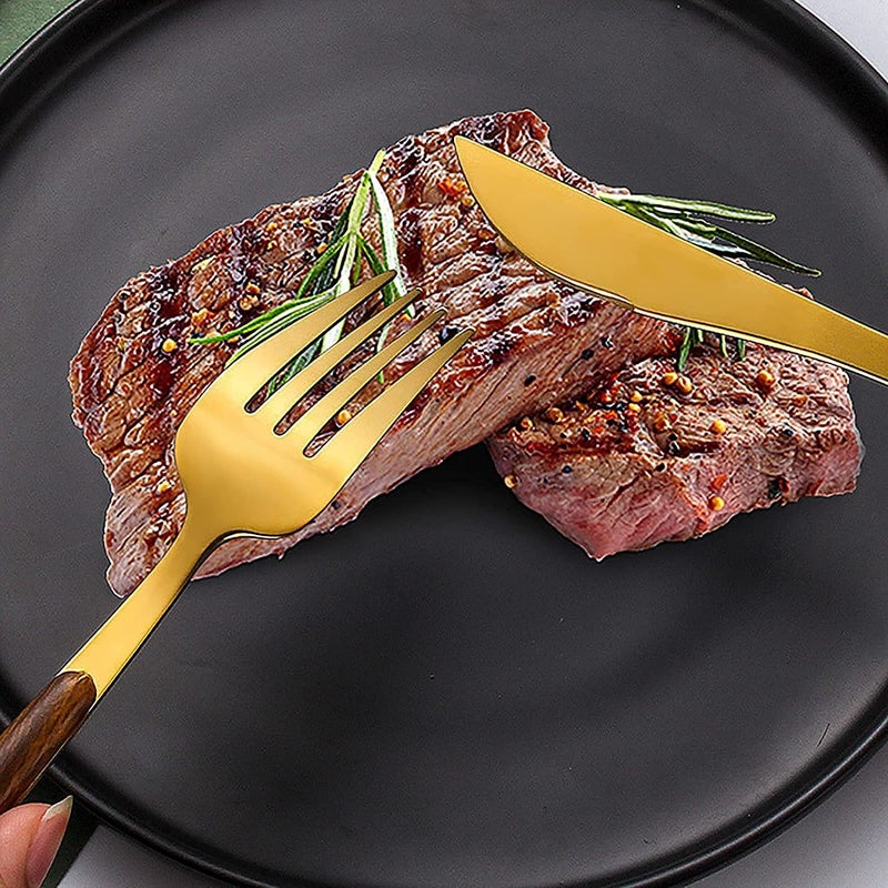 Eletree 5 pcs Golden Flatware Cutlery Dinner Set Stainless Steel Silverware Set with Imitated Wooden Handle Tableware Sets Including 2 Forks 2 Spoons 1 Steak Knife for Home Restaurant - Image 4