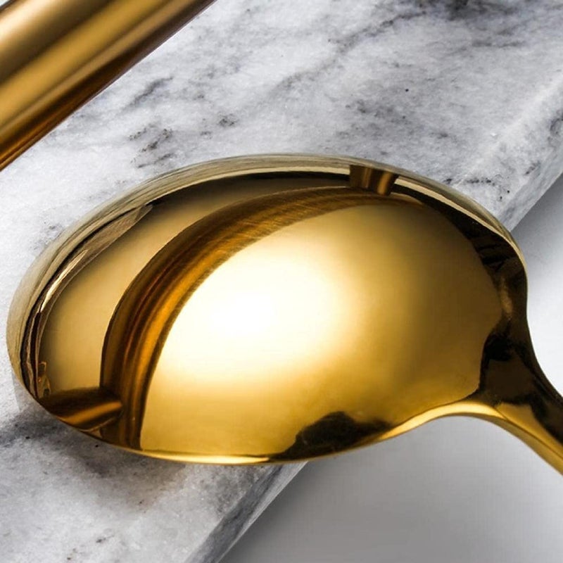 Eletree 5 pcs Golden Flatware Cutlery Dinner Set Stainless Steel Silverware Set with Imitated Wooden Handle Tableware Sets Including 2 Forks 2 Spoons 1 Steak Knife for Home Restaurant - Image 5