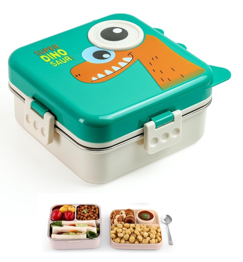 Brand Conquer Green Kids Lunch Box – Stainless Steel Insulated Tiffin for School with Spoon, BPA-Free | Leak-Resistant Bento Box with Tray & Container | 800 ML(Green, Super Dinosaur) - Image 1