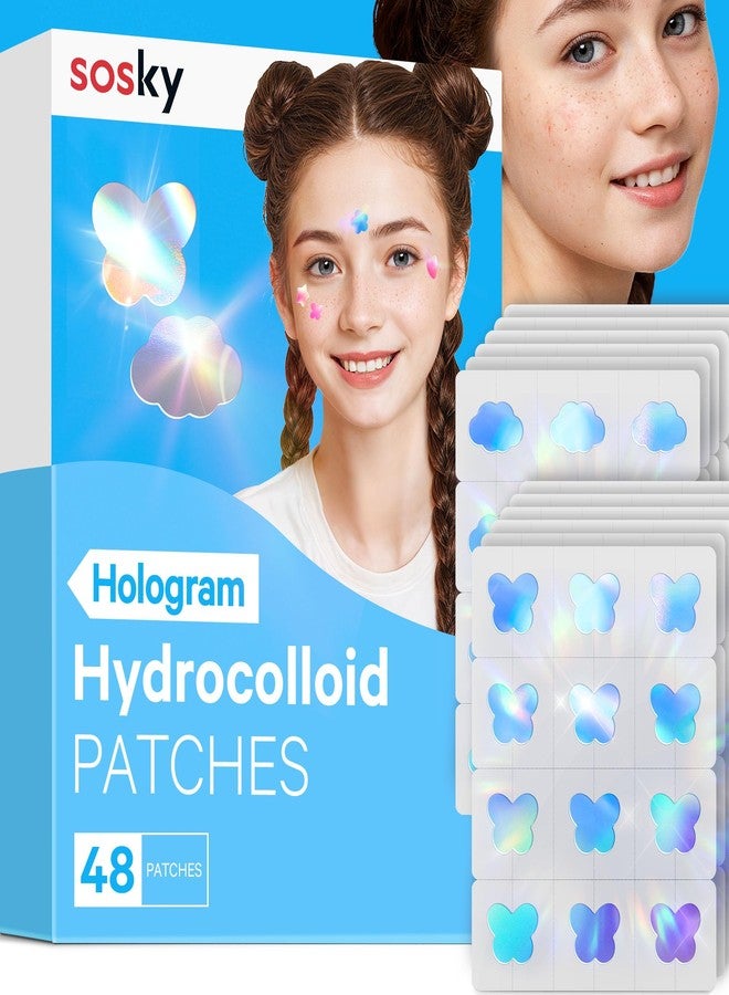 Sosky Hologram Pimple Patches for Face, Hydrocolloid Acne Patches with Salicylic Acid, Cute Star Zit Stickers,Colorful Blemish Covers,48 Count Blue Cloud Butterfly - Image 1