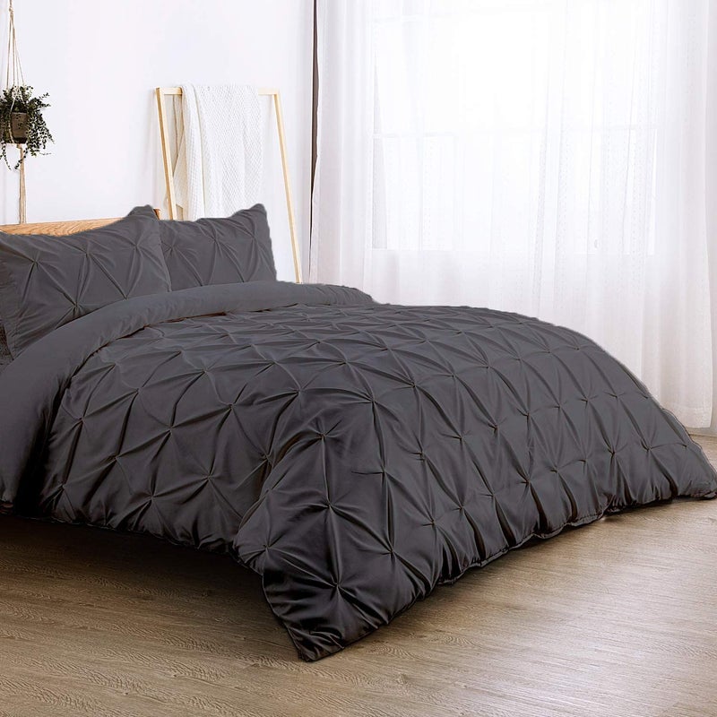 Easy Bedding 300 TC Luxurious Pinch Pleated DuvetRajaiQuilt Cover 3 PC Set 100 Cotton Zipper Closure Duvet Cover with 2 Pillow Cover Dark Grey Solid Double Size 80X80 Inch - Image 3