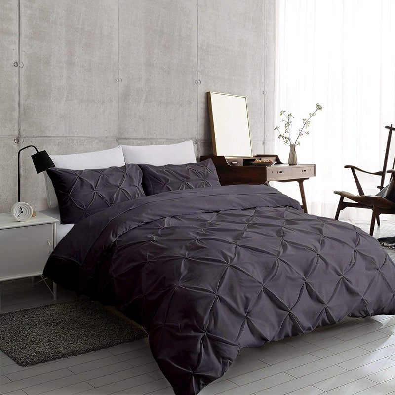 Easy Bedding 300 TC Luxurious Pinch Pleated DuvetRajaiQuilt Cover 3 PC Set 100 Cotton Zipper Closure Duvet Cover with 2 Pillow Cover Dark Grey Solid Double Size 80X80 Inch - Image 2