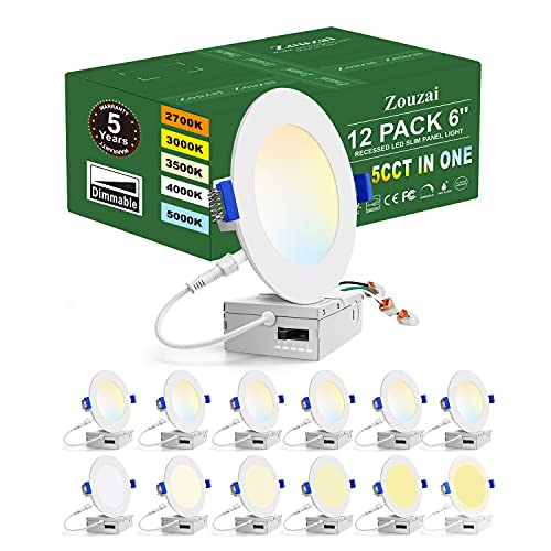 zouzai 12 Pack 6 Inch 5CCT Ultra-Thin LED Recessed Ceiling Light with Junction Box, 2700K/3000K/3500K/4000K/5000K Selectable, 12W Eqv 110W,Dimmable, led can Lights- ETL and Energy Star Certified - Image 1
