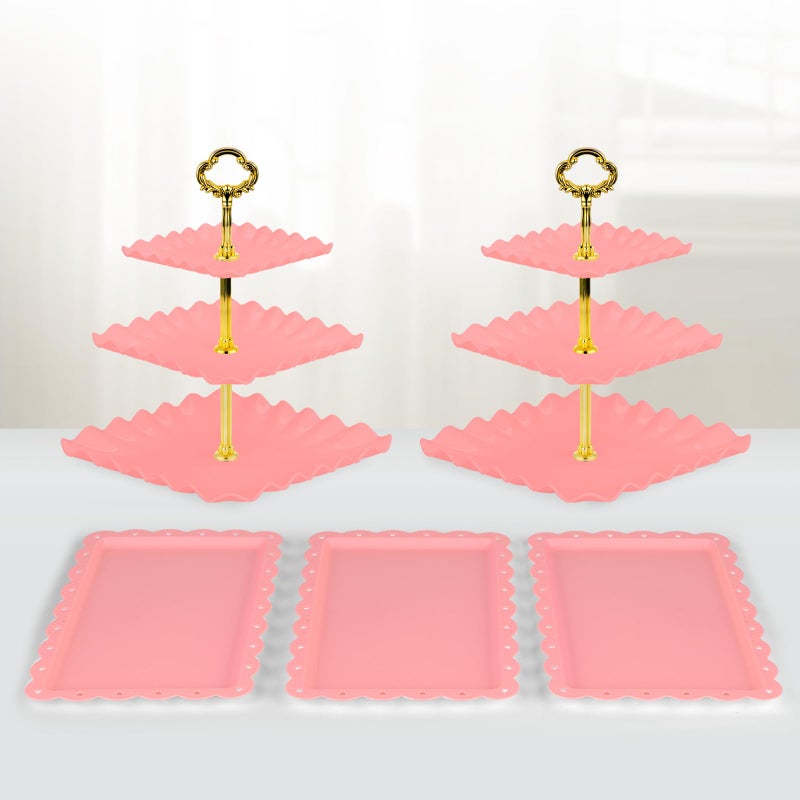 NWK 5 Piece Cake Stand Set with 2 x Large 3-Tier Cupcake Stands, 3 x Appetizer Trays, for Wedding Birthday Baby Shower Tea Party Decorations (Pink) - Image 2