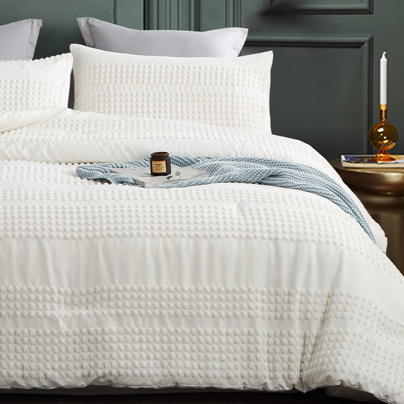 Cupocupa Queen Comforter Set White Comforters Queen Size Sets Boho Tufted Shabby Chic Vintage Farmhouse Bedding Set Soft Fluffy Lightweight Comforter with 2 Pillow Cases for All Season - Image 1