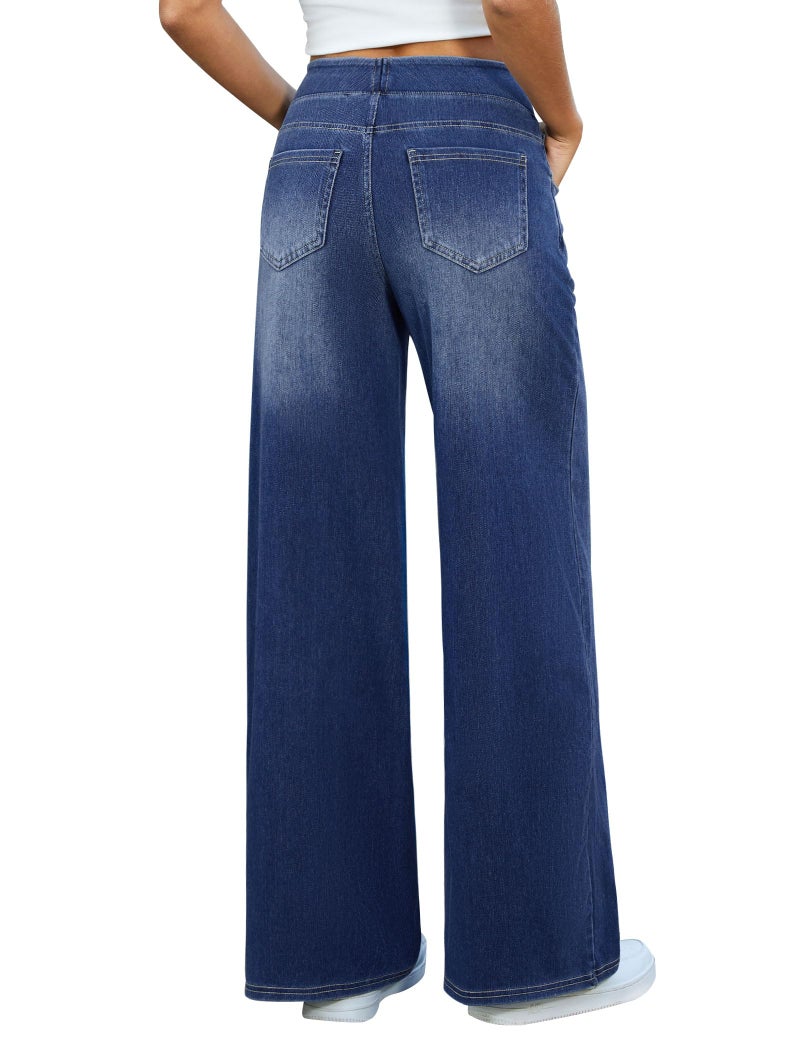 DLOODA Women's Wide Leg Jeans High Waisted Stretchy Denim Pants Elastic Waist Pull On Sweatpant Jeans Trendy Baggy Loose Medium Blue - Image 2