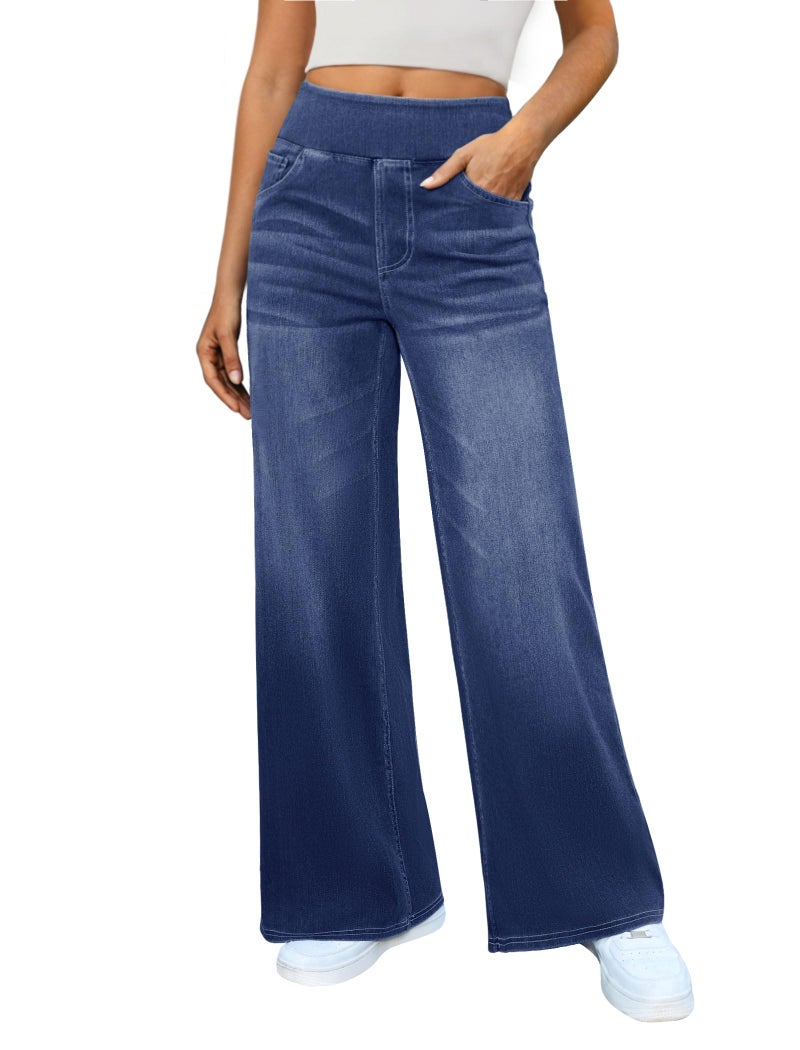 DLOODA Women's Wide Leg Jeans High Waisted Stretchy Denim Pants Elastic Waist Pull On Sweatpant Jeans Trendy Baggy Loose Medium Blue - Image 1