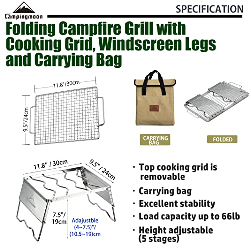 camping moon CAMPINGMOON Folding Campfire Grill Grate Open Fire Cooking Camping Portable 304 Stainless Steel with Cooking Grid, Windscreen Legs and Carrying Bag MS -1018-SW - Image 2