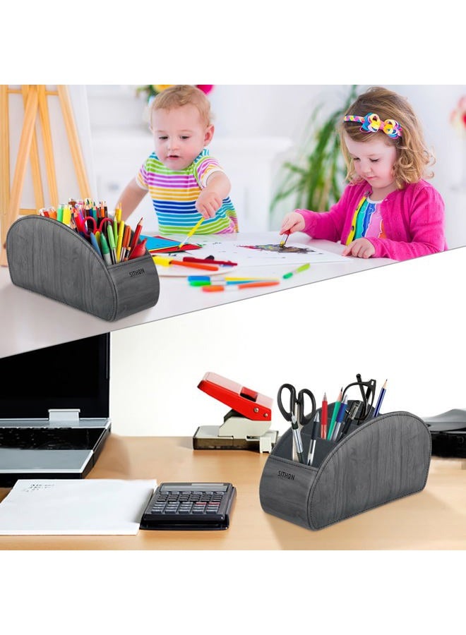 SITHON Remote Control Holder with 5 Compartments - PU Leather Remote Caddy Desktop Organizer Store TV, DVD, Blu-Ray, Media Player, Heater Controllers, Woodgrain Gray - Image 4