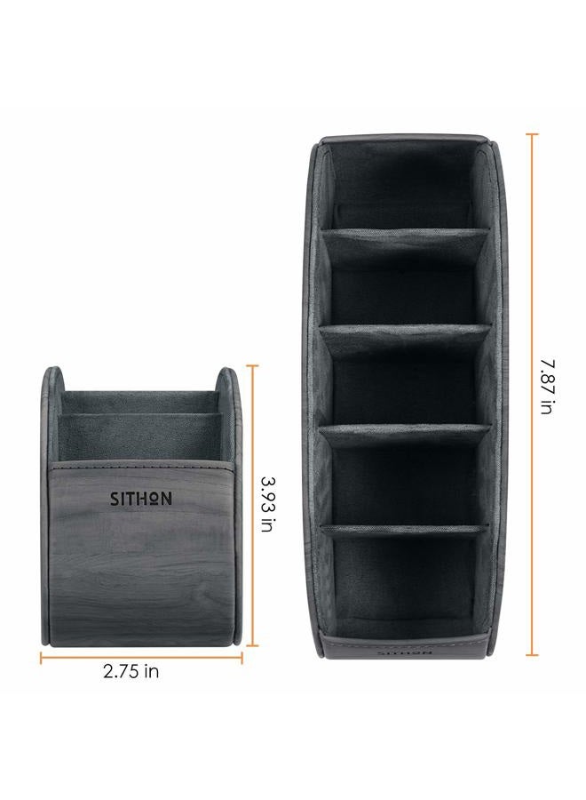 SITHON Remote Control Holder with 5 Compartments - PU Leather Remote Caddy Desktop Organizer Store TV, DVD, Blu-Ray, Media Player, Heater Controllers, Woodgrain Gray - Image 3