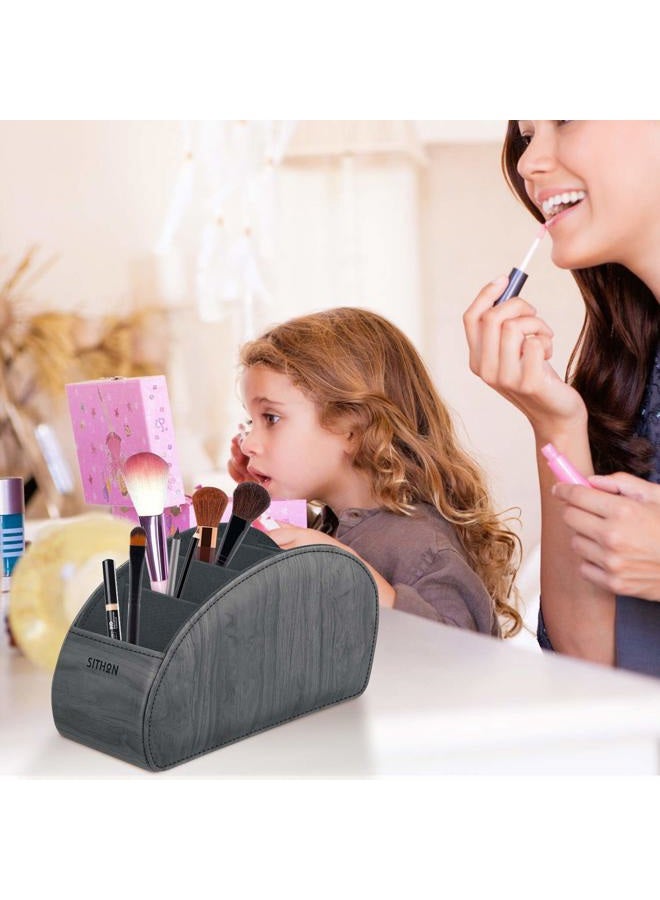 SITHON Remote Control Holder with 5 Compartments - PU Leather Remote Caddy Desktop Organizer Store TV, DVD, Blu-Ray, Media Player, Heater Controllers, Woodgrain Gray - Image 5