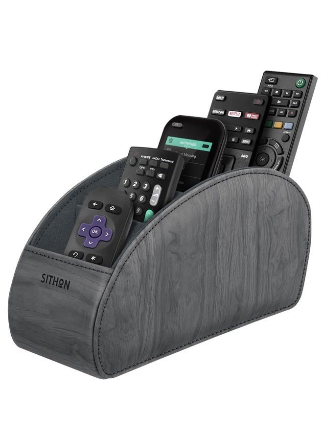 SITHON Remote Control Holder with 5 Compartments - PU Leather Remote Caddy Desktop Organizer Store TV, DVD, Blu-Ray, Media Player, Heater Controllers, Woodgrain Gray - Image 1