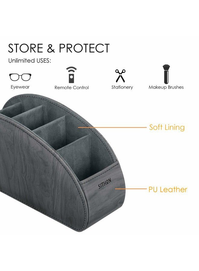 SITHON Remote Control Holder with 5 Compartments - PU Leather Remote Caddy Desktop Organizer Store TV, DVD, Blu-Ray, Media Player, Heater Controllers, Woodgrain Gray - Image 2