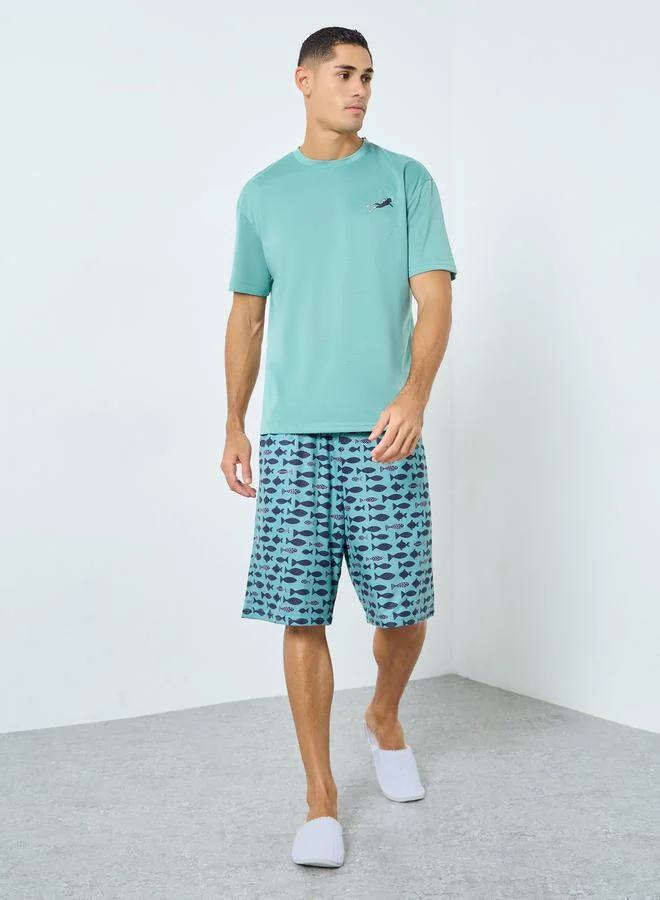 Styli Men Teal Solid T-Shirt and Fish Print Shorts Pyjama Set